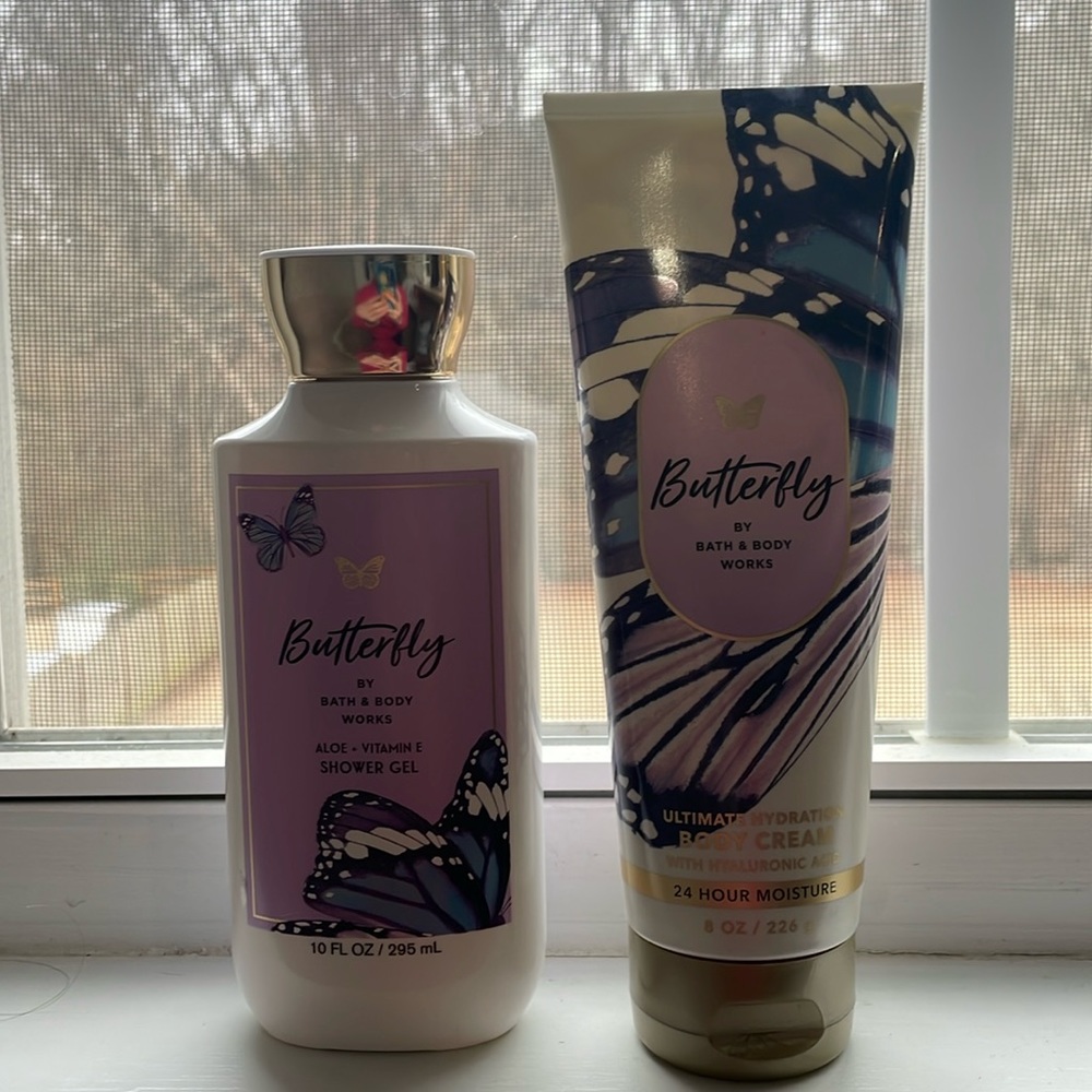 NEVER USED!! Bath and body Works, Saint butterfly, body cream and shower gel.